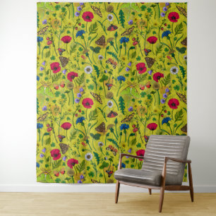 Wild flowers and moths on green tapestry
