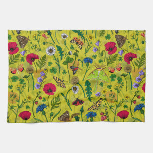 Wild flowers and moths on green tea towel