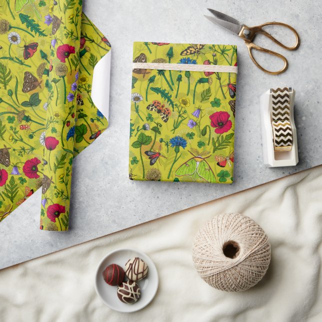 Wild flowers and moths on green wrapping paper (Crafts)