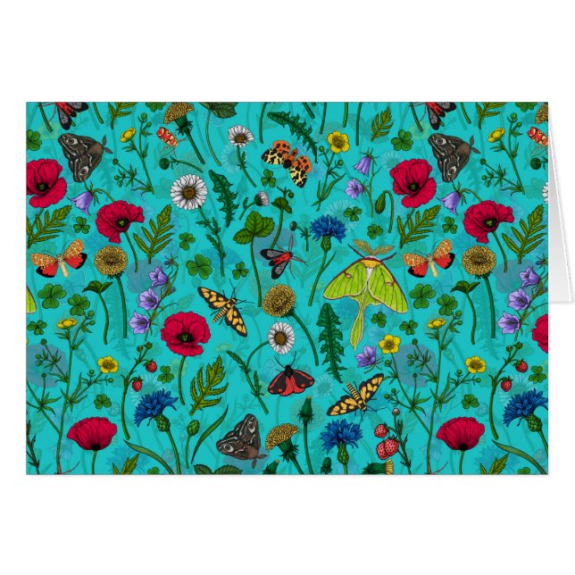 Wild flowers and moths on teal (Front Horizontal)