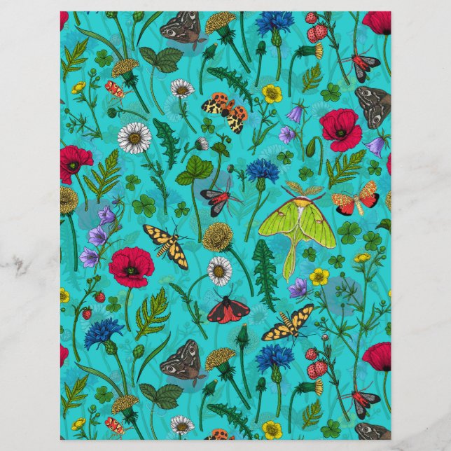 Wild flowers and moths on teal (Front)