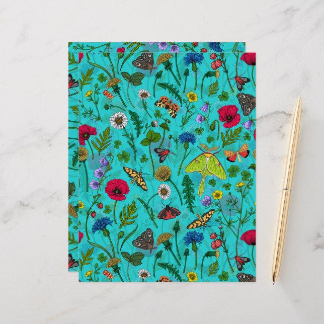 Wild flowers and moths on teal (Front/Back In Situ)