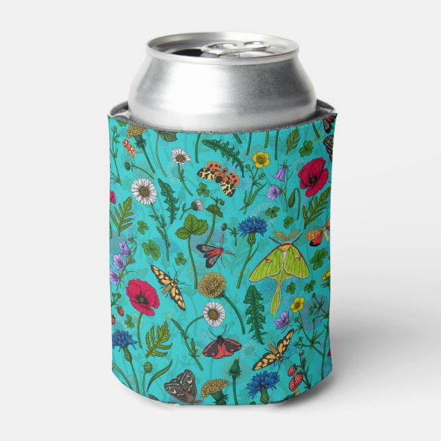 Wild flowers and moths on teal can cooler (Can Front)