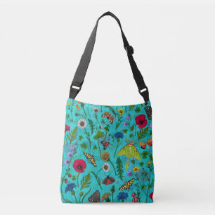 Wild flowers and moths on teal crossbody bag