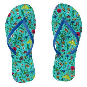 Wild flowers and moths on teal flip flops