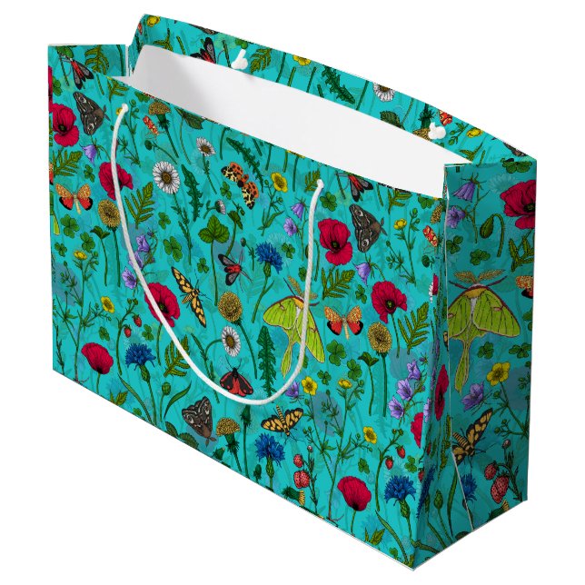 Wild flowers and moths on teal large gift bag (Back Angled)