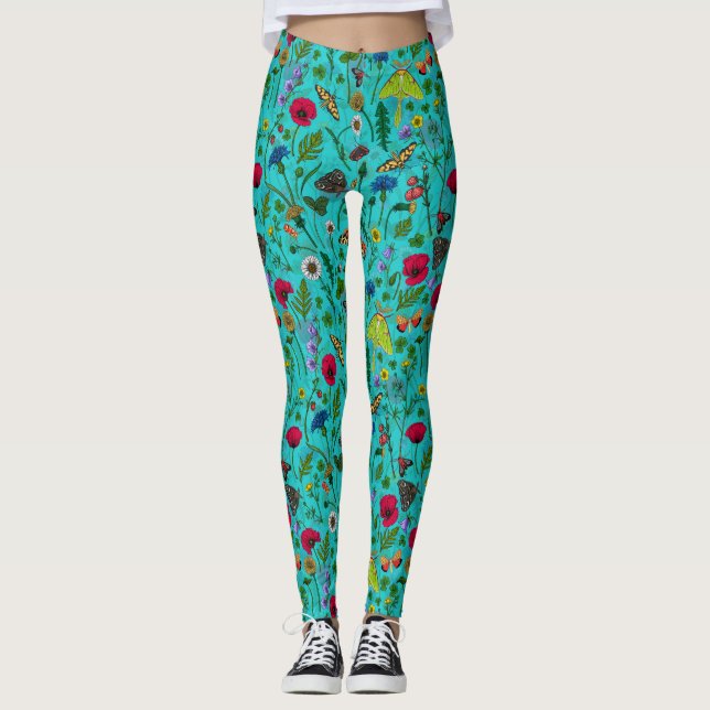 Wild flowers and moths on teal leggings (Front)