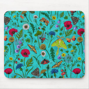 Wild flowers and moths on teal mouse mat