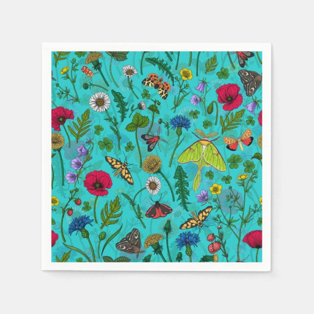 Wild flowers and moths on teal napkin (Front)