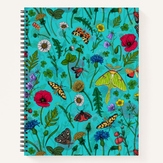 Wild flowers and moths on teal notebook (Front)