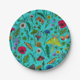 Wild flowers and moths on teal paper plate