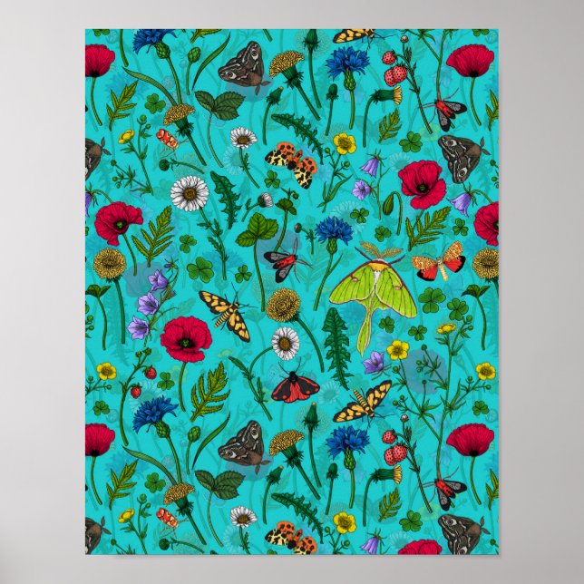 Wild flowers and moths on teal poster (Front)