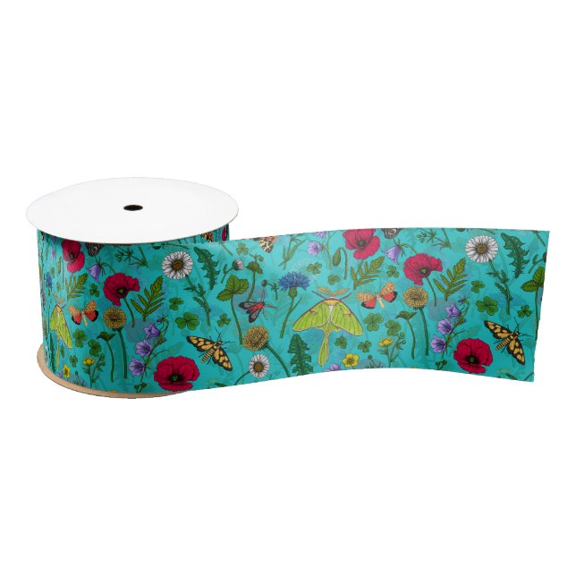 Wild flowers and moths on teal satin ribbon (Spool)