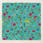 Wild flowers and moths on teal scarf<br><div class="desc">Hand-painted collection of various wild flowers.</div>