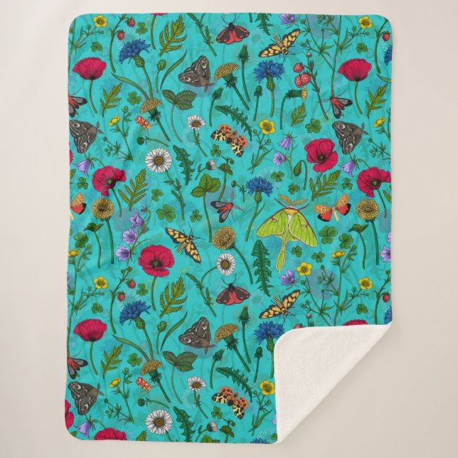 Wild flowers and moths on teal sherpa blanket (Front)