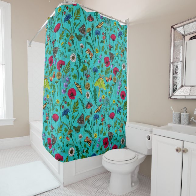 Wild flowers and moths on teal shower curtain (In Situ)