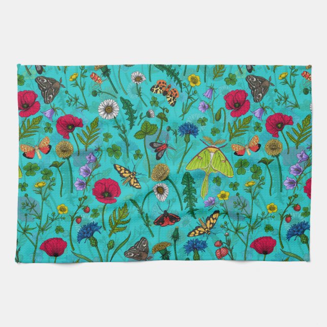 Wild flowers and moths on teal tea towel (Horizontal)