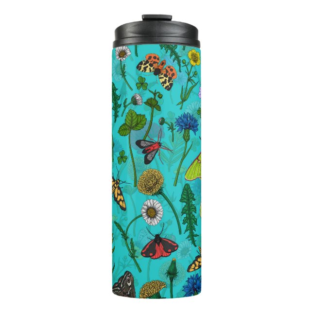 Wild flowers and moths on teal thermal tumbler (Front)