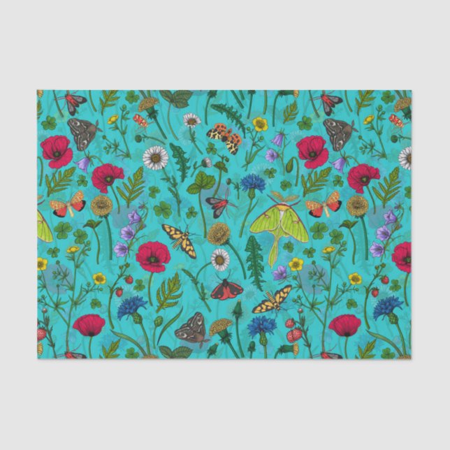 Wild flowers and moths on teal tissue paper (Front)