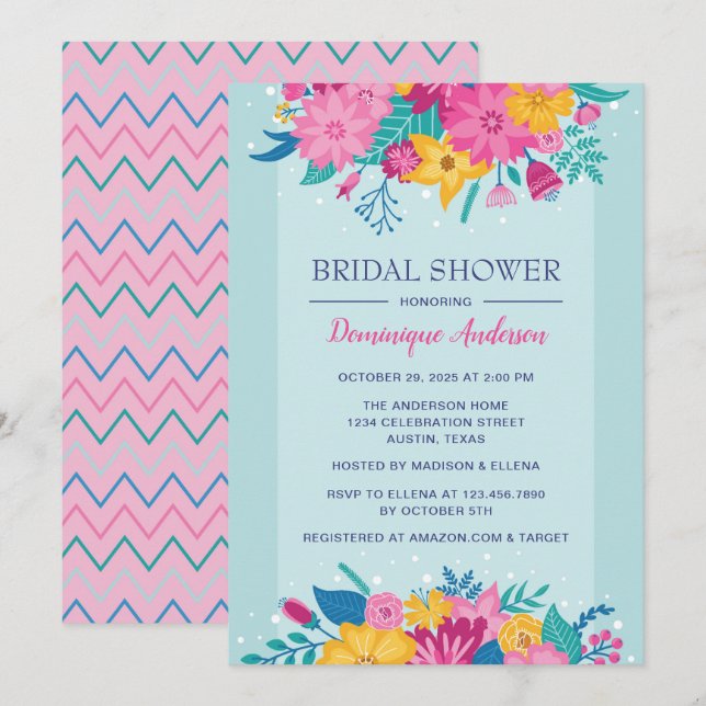 Wild Flowers Blue and Pink Bridal Shower Invitation (Front/Back)