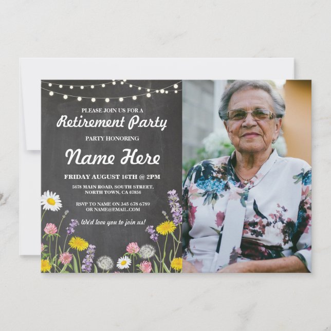 Wild Flowers Chalk Retirement Retired Floral Photo Invitation (Front)