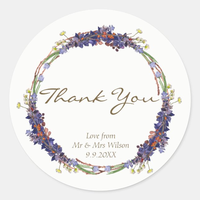 wild flowers daisy wreath thank you favor stickers (Front)