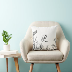 Wild Flowers Doodles Monogram Design Throw Pillow
