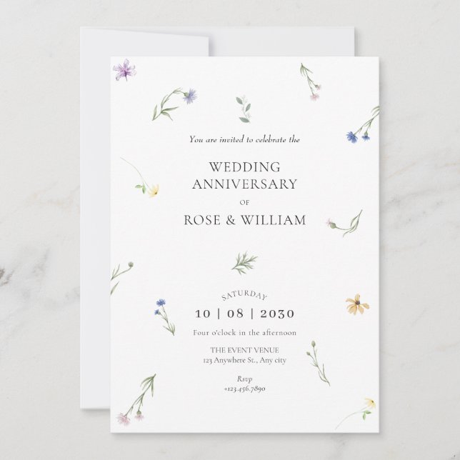 Wild flowers elegant wedding anniversary invitation (Front)