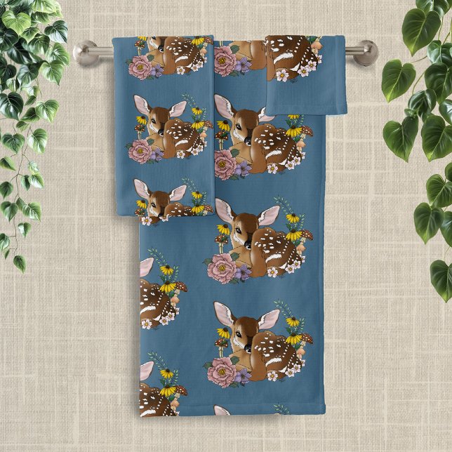 Wild Flowers Fawn Blue Bath Towel Set (Creator Uploaded)