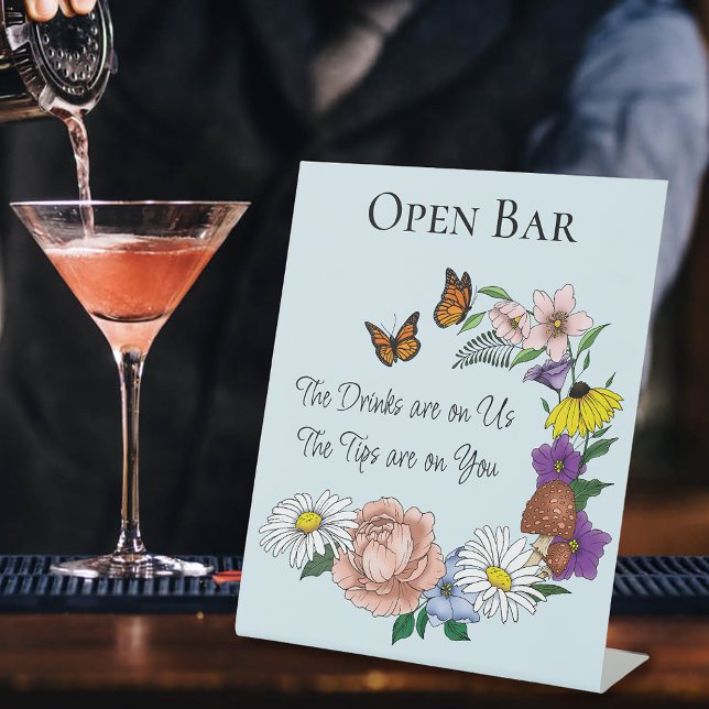 Wild Flowers Floral Blue Mushrooms Open Bar Pedestal Sign (Creator Uploaded)