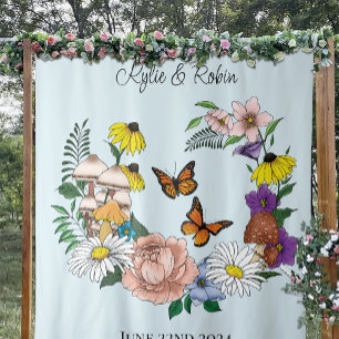 Wild Flowers Floral Blue Mushrooms Tapestry