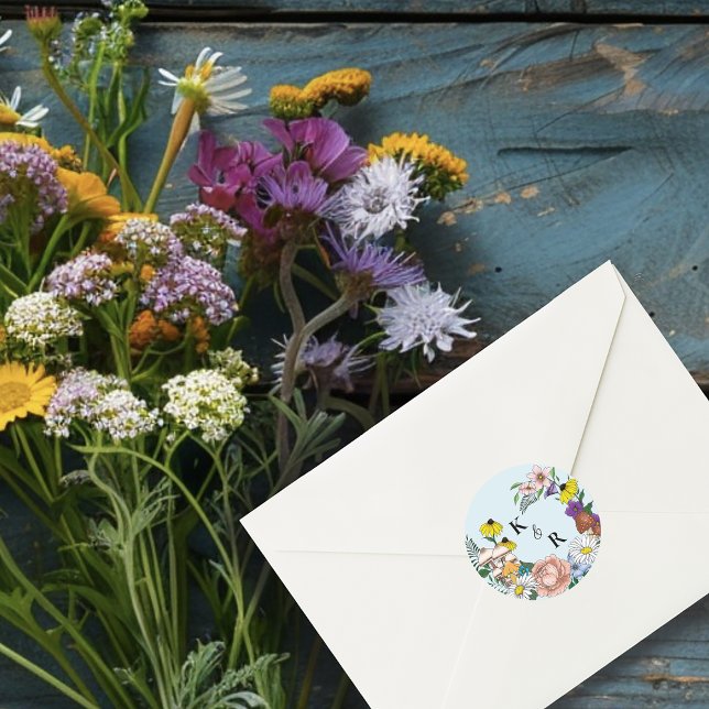 Wild Flowers Floral Blue Mushrooms Wedding Classic Round Sticker (Creator Uploaded)