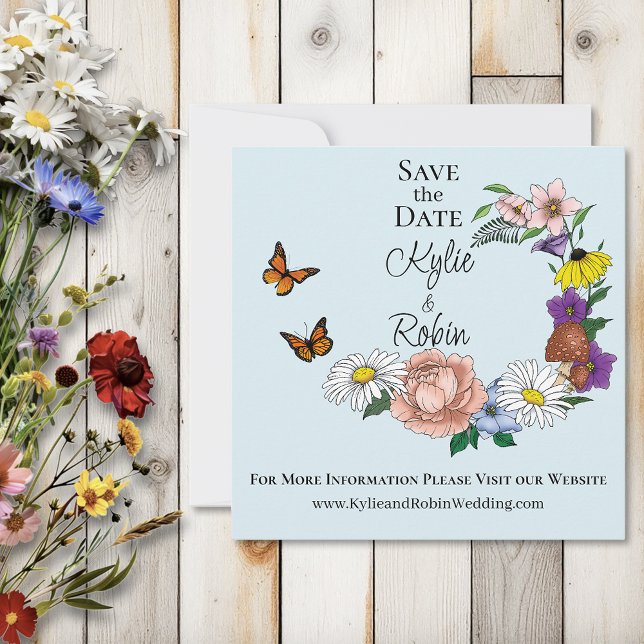 Wild Flowers Floral Blue Mushrooms Wedding Save The Date (Creator Uploaded)