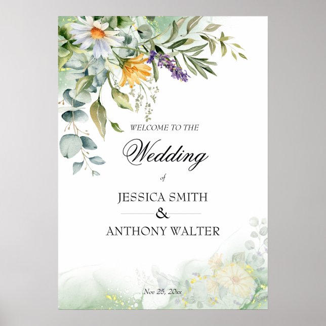 Wild flowers greenery floral wedding welcome sign (Front)