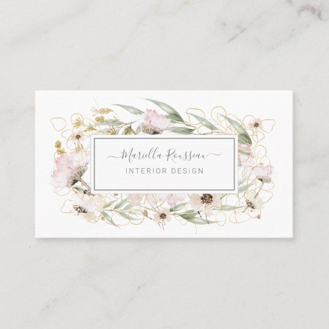 Wild Flowers Greenery Gold Glitter Business Card (Front)