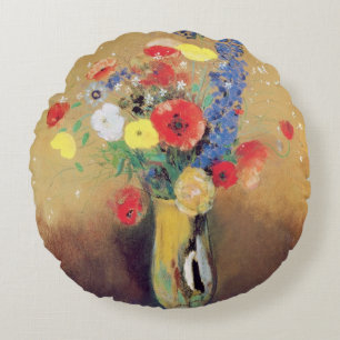 Wild flowers in a Long-necked Vase, c.1912 Round Cushion