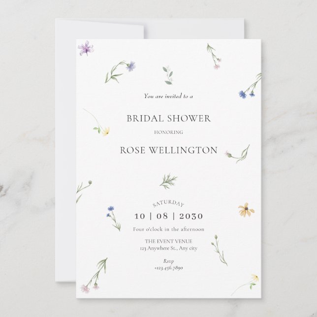 Wild flowers minimalist elegant bridal shower, invitation (Front)