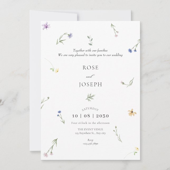 Wild flowers minimalist elegant wedding invitation (Front)