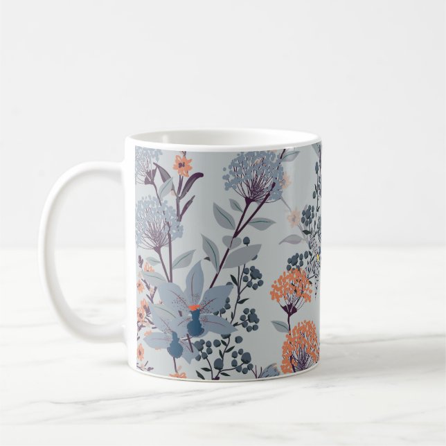 Wild flowers on blue, botanical pattern. coffee mug (Left)