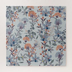 Wild flowers on blue, botanical pattern. jigsaw puzzle