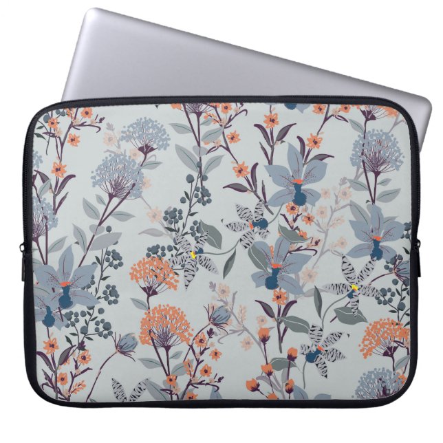 Wild flowers on blue, botanical pattern. laptop sleeve (Front)