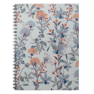Wild flowers on blue, botanical pattern. notebook
