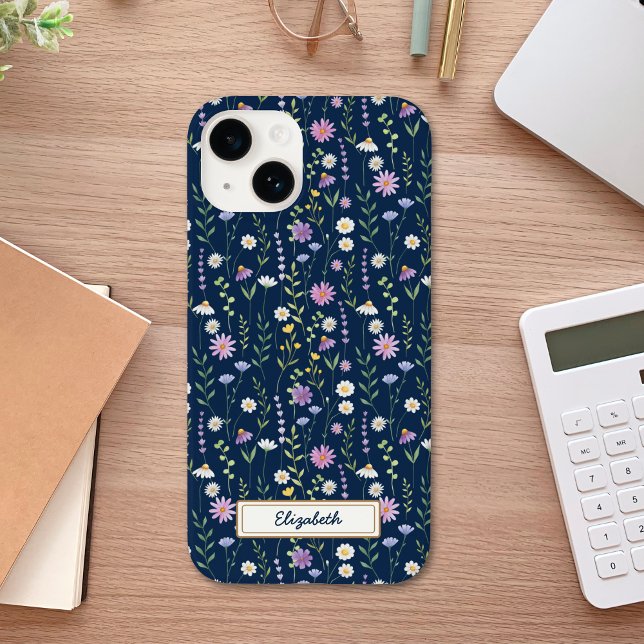 Wild Flowers Pattern Blue navy Background Case-Mate iPhone Case (Creator Uploaded)