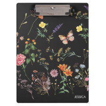 Wild Flowers Pressed Floral Black Name Clipboard