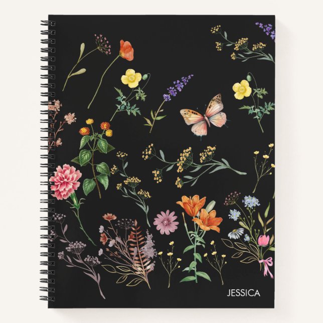 Wild Flowers Pressed Floral Black Name Notebook (Front)