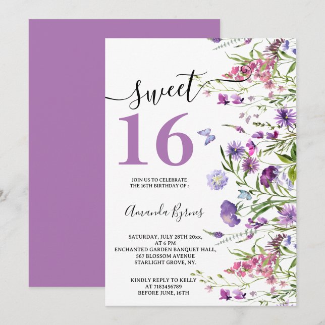 WILD FLOWERS PURPLE FLORAL MEADOW WATERCOLOR INVITATION (Front/Back)