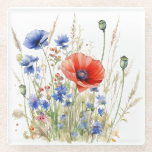 Wild flowers red poppies and blue corn flowers glass coaster