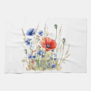Wild flowers red poppies and blue corn flowers tea towel