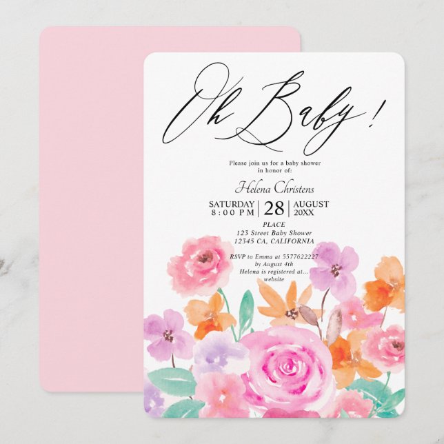 Wild flowers spring floral watercolor baby shower invitation (Front/Back)