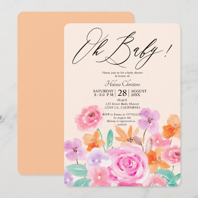 Wild flowers spring floral watercolor baby shower invitation (Front/Back)